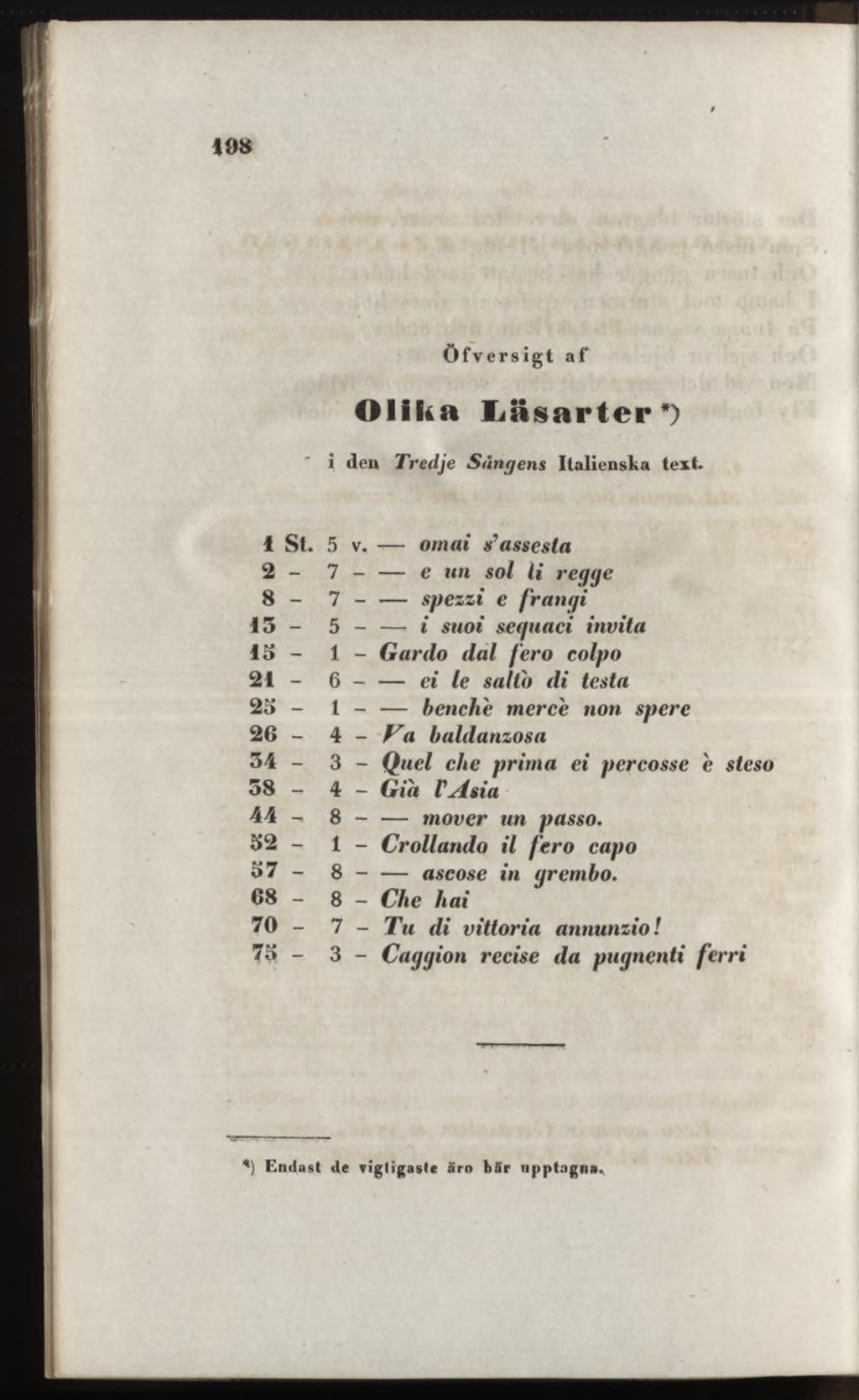 Olika Läsarter*) i den Tredje Sångens Italienska text. 4 St. 5 v.