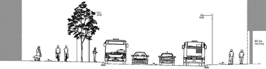 Planbeskrivning Norra Nacka strand 33 (71) Typsektion vid busshållplatserna med ny bebyggelse till vänster.