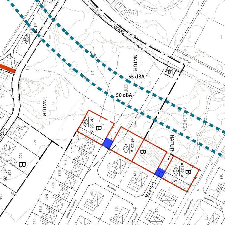 13(21) Hur planområdet påverkas av buller från Industrigatan har analyserats och resultatet av denna analys redovisas i illustrationen i slutet av stycket.