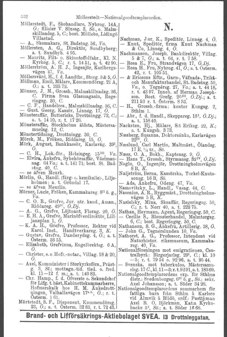 öö2 Möllerstedt Nationalgoodtemplarorden. Möllerstedt, F., Skohandlare, Nybrog. 14A, N O: filialer V. Slussg. 3, Sö., o. Malm skillnadsg. 5, C.; bost. Möllebo, Lidingö Villastad. Nachman, Jior, K.