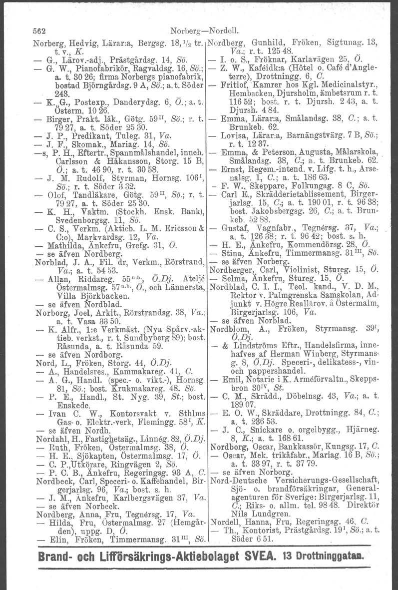 562 NorbergNordall. Norberg, Hedvig, Lärar:a, Bergsg. 18,1/2 tro Nordberg, Gunhild, Fröken, Sigtunag. 13, t. V., K. Va.; r. t. 12548... G., Lärov.adj., Prästgårdsg. 14, So. L o. S., Fröknar, Karlavagen 25, O.