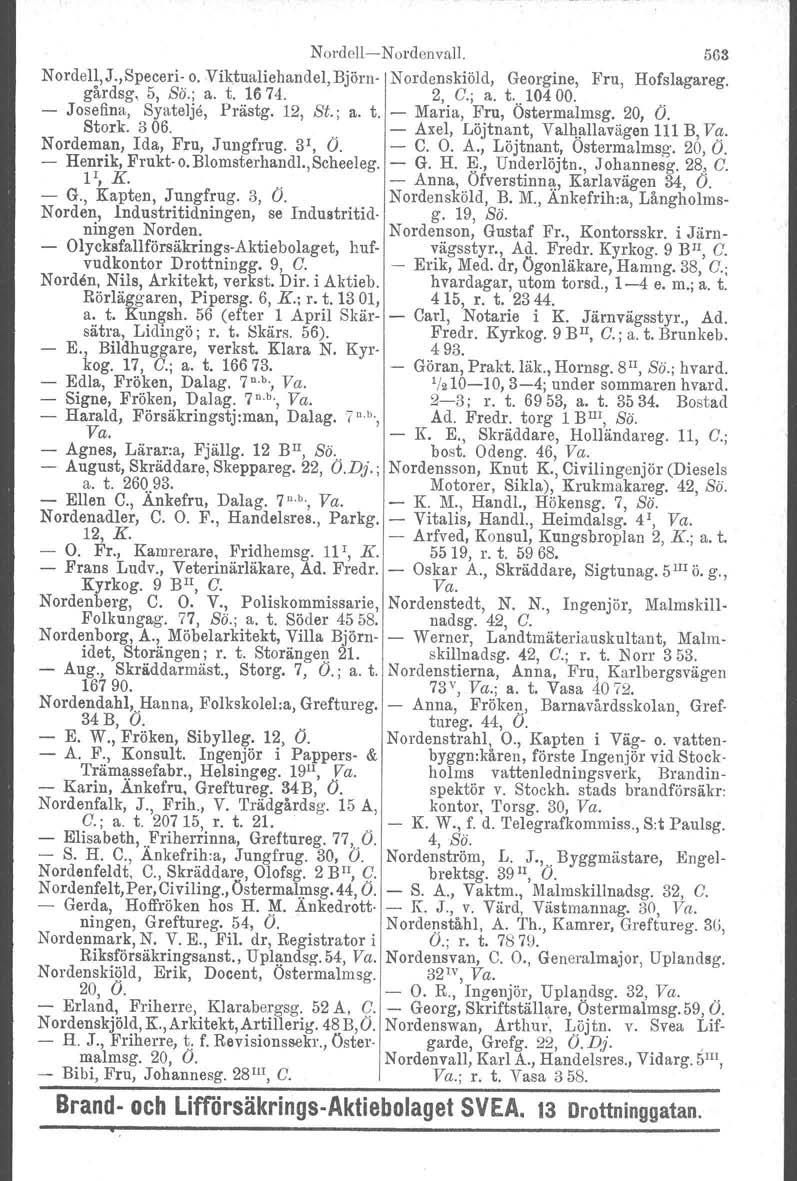 NOl'dellNordenvall. 563 Nordell,J.,Speceri o. Viktualiehandel, Björn Nordenskiöld, Georgine, Fru, Hofslagareg. gårdsg, 5, Sä.; a. t. 1674. 2, C.; a. t...104 00... J osefina, Syatelje, Prästg. 12, St.