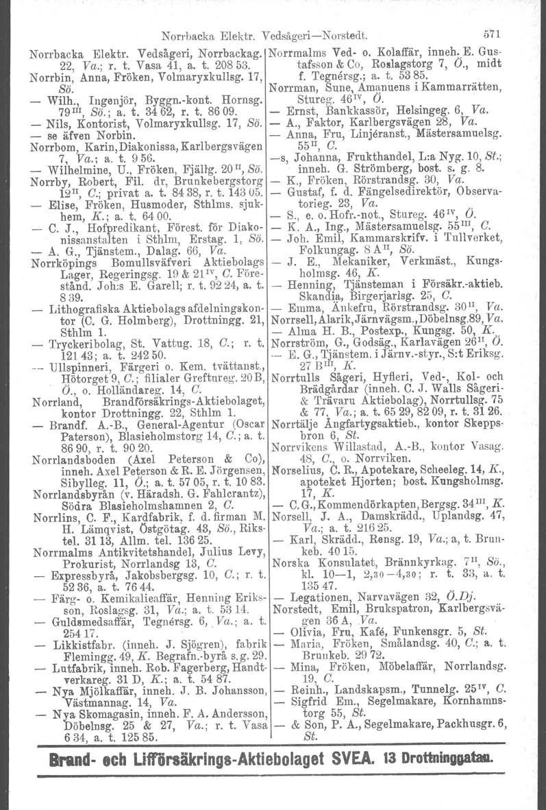 Norrbacka Elektr. VedsågcrisNoretedt. 571 Norrbacka Elektr. Ved sågeri, Norrbackag. Norrmalms Ved o. Kolaffär. inneh. E. Gus 22, Va.; r. t. Vasa 41, a. t. 20853. tafsson & Co, Roslagstorg 7, O.