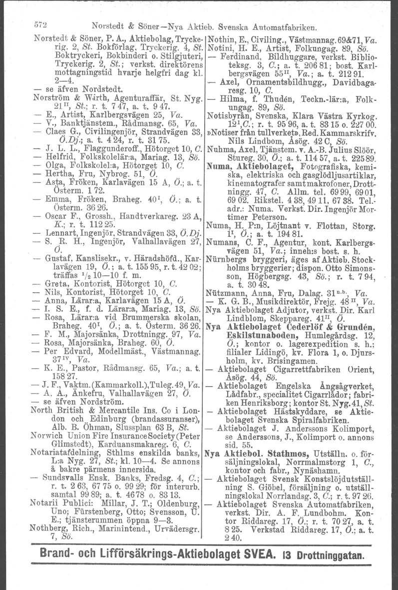 572 Norstedt & SönerNya Aktieb. Svenska Automatfabriken. N orstedt & Söner, P. A., Aktiebolag, Trycke. Nothin, E., Civiling., Västmannag. 69&71, Va. rig. 2, St. Bokförlag, Tryckerig. 4, St. Notini, H.