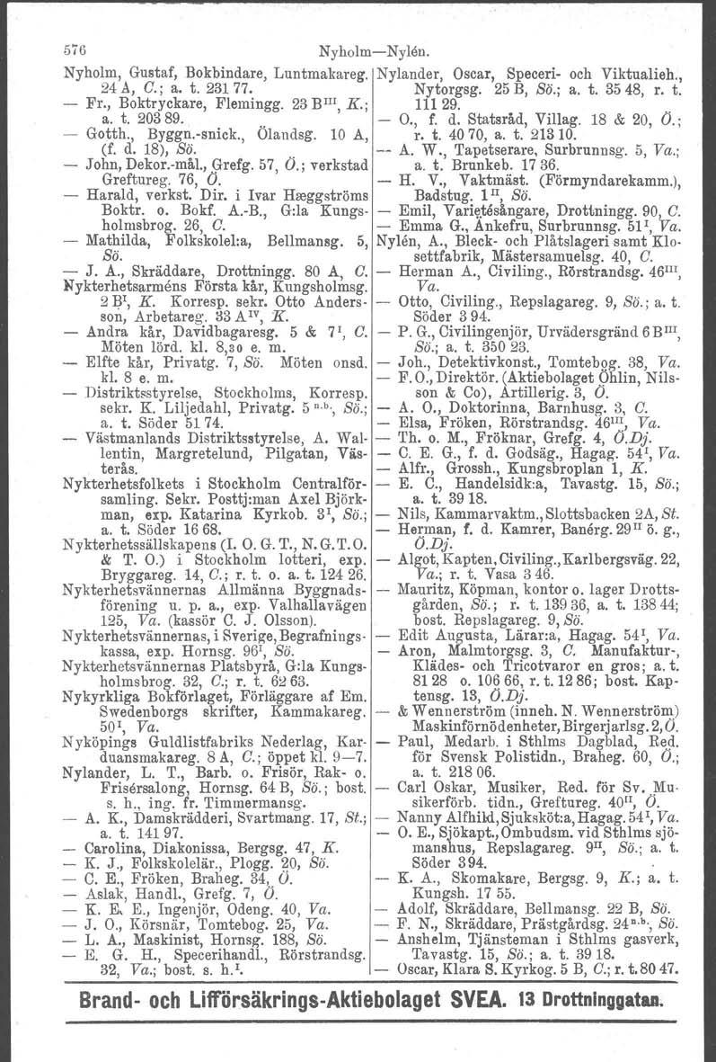5i6 NyholmNylen. Nyholm, Gustaf, Bokbindare, Luntmakareg. Nylander, Oscar, Speceri och Viktualieh., 24 A, G.; a. t. 23177. Nytorgsg. 25 B, So.; a. t. 3548, r. t. Fr., Boktryckare, Flemingg. 23 BlI! K.