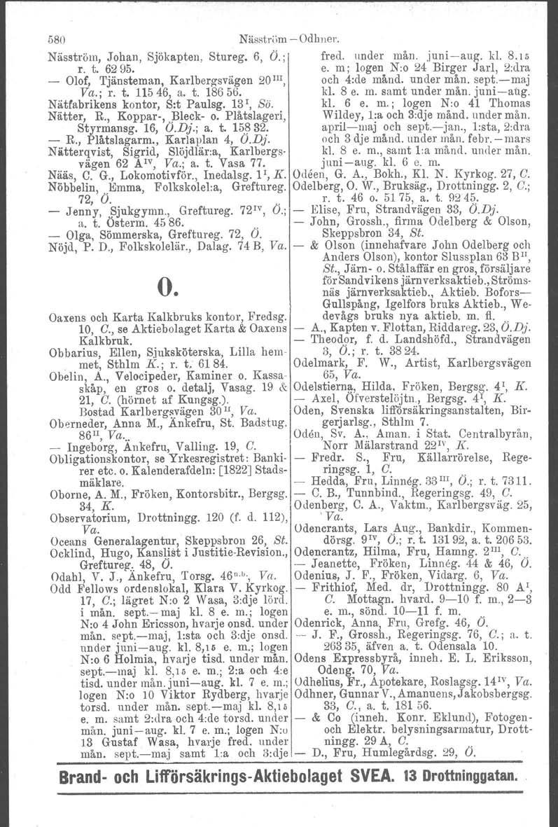 580 Näsström Odhner. Näsströui, Johan, Sjökapten, Stureg. 6, O.; fred. under mån. juniiaug. kl. 8.15 r. t. 6295. e. m; logen N:o 24 Birger Jarl, 2.