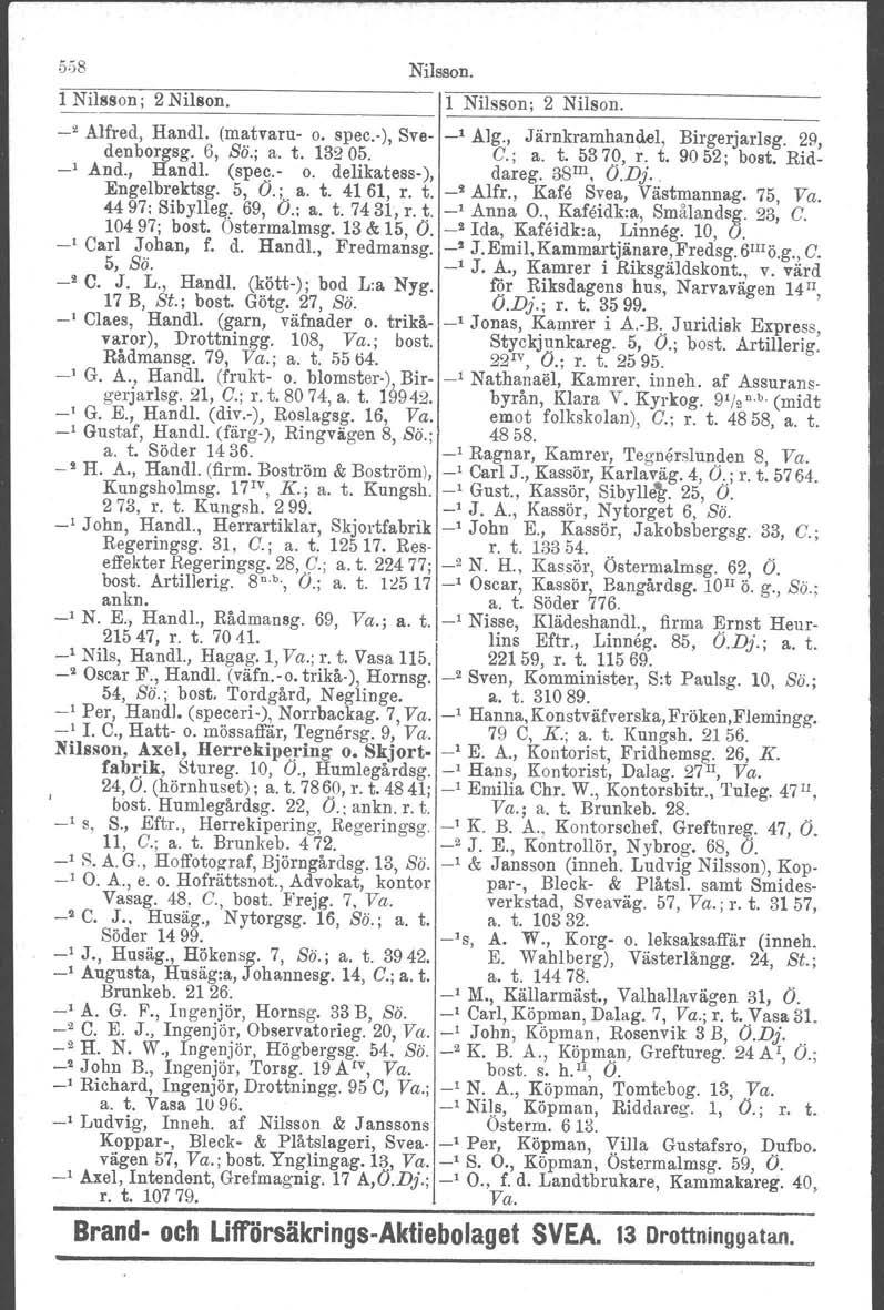 Nilsson. 1 Nilsson; 2.Nilson. 1 Nilsson; 2 Nilson. ' Alfred, HandI. (matvaru o. spec.), Sve _1 Alg., Järnkramhandel, Birgerjarlsg. 29, denborgsg. 6, Sö.; a. t. 13205. C.; a. t. 5370, r. t. 9052; bost.