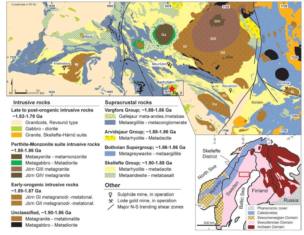 field campaign 1987, but all analyzed samples showed PGE-values under detection limit and no clear magmatic layering was found (Filén 1988). Fig. 1. Simplified geological map over the Skellefte District and its deposits.