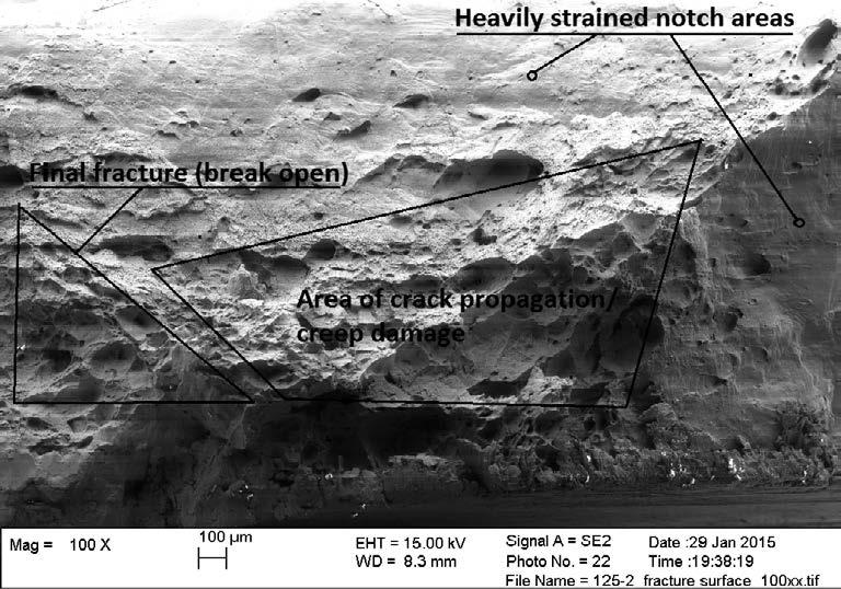 4.3.7 View B B from specimen no 7 (T = 125 C, σ ref = 165 MPa, separated in halves) In this CCG CT specimen, a crack-like formation was noticed at the bottom of the notch bottom during test.