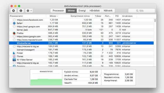 På fliken Minne kan du få mer information. I äldre versioner av OS X visas minnesanvändningen som siffror, men i de senaste versionerna finns en graf som visar Minnestryck.