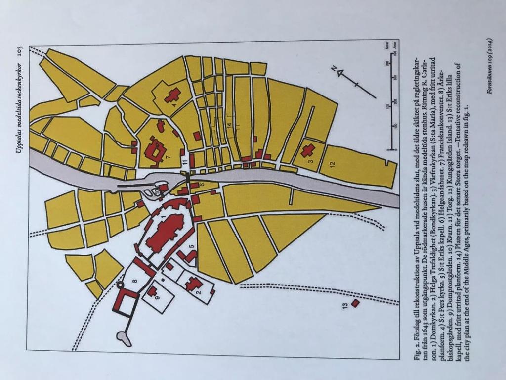 Figur 1. Fotografi av en bild i tidskriften Fornvännen skriven av Ronnie Carlsson och Christian Lovén. 1) Domkyrkan 3) Vårfrukyrkan 4) S:t Per kyrka 6) Helgeandshuset. 2.1.1. Äldre medeltid i Uppsala Bebyggelsen i Uppsala under medeltiden går att tolka med hjälp av stadsplaner, regleringskartor och nivåkartor.