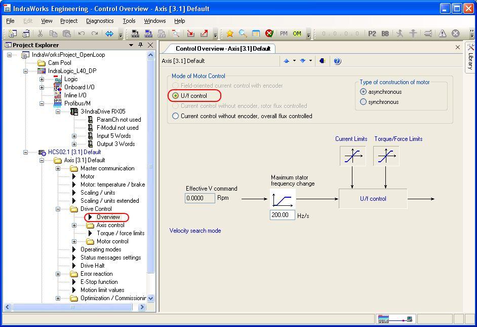 2. Inställningar av motor parametrar Öppna fliken Overview under mappen Drive Control och kontrollera att U/f