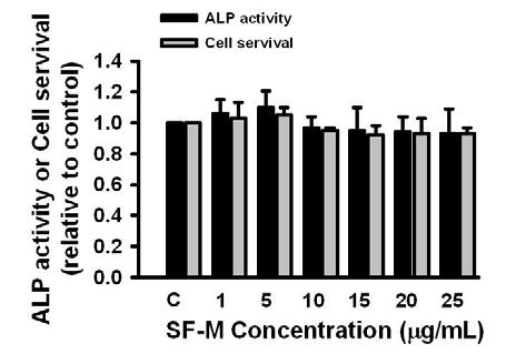 We found that SF-C increased the ALP enzyme activity in culture in a concentrationdependent manner and a plateau effect occurred around 15 µg/ml. As shown in Fig.