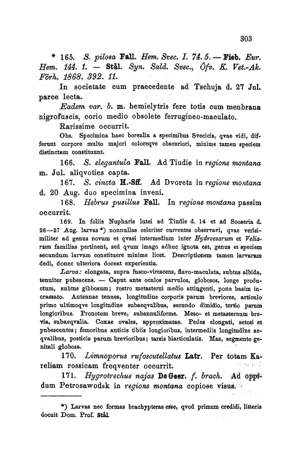 303 * 165. S. pzlo8a Fall. Hem. Svec. I. 74.5. _- Fieb. Eur. Hem. 144. 1. - Stal. Syn. SaId. Svec., Ofv. K. Vet.-Ak. F6rh. 1868. 392. 11. In societate cum praecedente ad Tschuja d. 27 Jul.