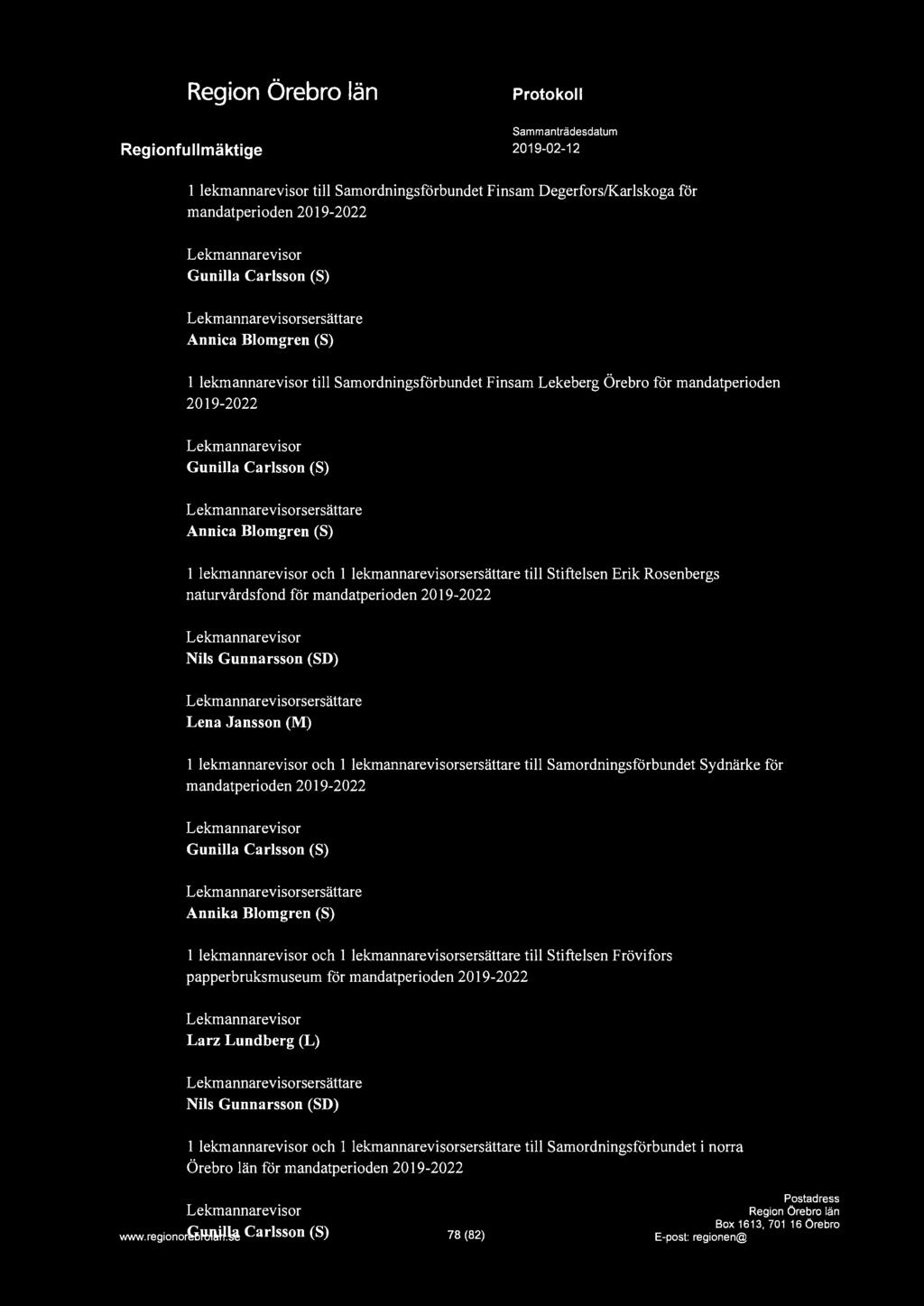 a 1 lekmannarevisor till Samordningsförbundet Finsam Degerfors/Karlskoga för mandatperioden 2019-2022 Lekmannarevisor Gunilla Carlsson (S) Lekmannarevisorsersättare Annica Blomgren (S) 1