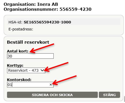 15. Beställa reservkort Rollerna RA och ORA kan beställa reservkort Ange antal reservkort som skall beställas Välj Korttyp och ange Reservkort Ange aktuell kontorskod dvs.