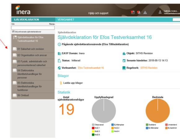 2. I menyn till vänster under Självdeklaration för XXX, finns de frågor som du ska besvara i Självdeklarationen. Frågorna är indelade i olika kategorier.