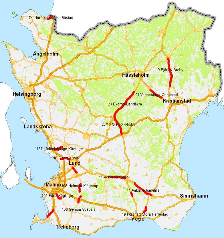 108 Staffanstorp-Lund 13 Förbi Assmåsa 100 Höllviken-Vellinge Karta: Vägobjekt (>25 mkr) i RTI-plan 2014-2025. För flera utpekade objekt är det aktuellt att genomföra åtgärdsvalsstudier (åvs).
