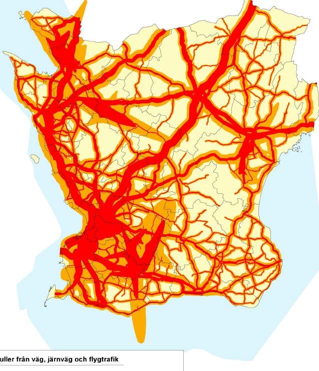 Figur 12. Områden med trafikljudnivåer > 30 dba orange och 40 dba rött. Kartläggningen omfattar väg, järnväg och flyg.