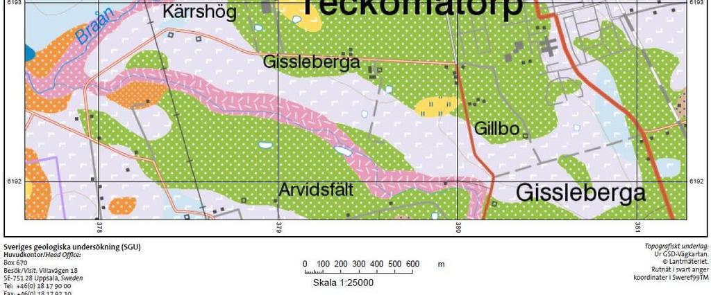 Norr om Braån och söder om området med sandiga isälvssediment förekommer morän. BT Kemi-området Isälvssediment, sand N Figur 3. Karta visande jordartsförhållanden i Teckomatorp.