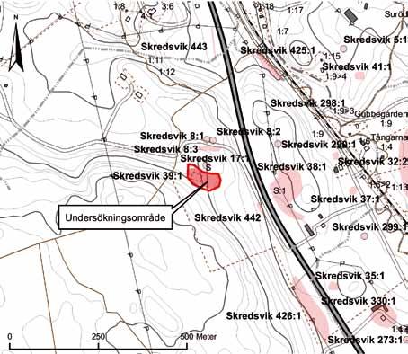 Skredsvik 39 7 Figur 3. Utsnitt ur GSD-Fastighetskartan, blad 8126, med översikt över undersökningsområdet samt närliggande fornlämningarna markerade. skala 1:10 000.