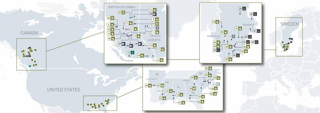 Canfor äger 38 producerande enheter, varav 23 st i Kanada och 15 i USA.