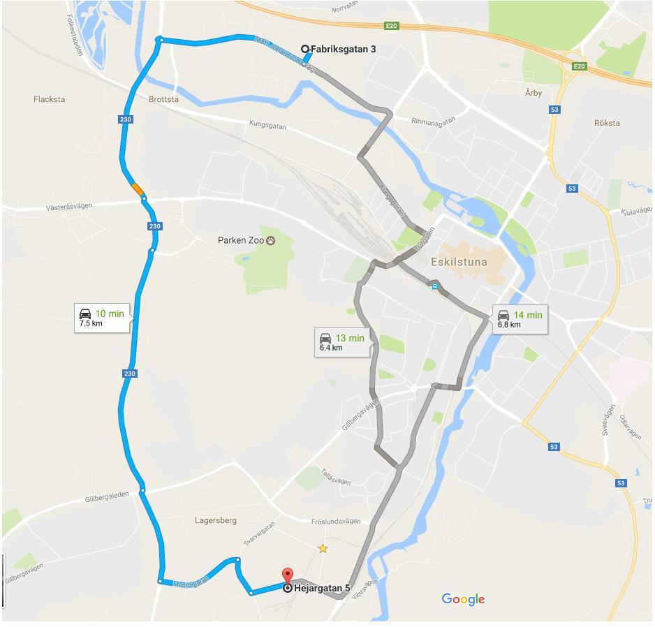 Figur 15 Vägvisning för transporten mellan Phils och X-ponents fabrikslokal Färden skall ta cirka 10 minuter ifrån Phils adress Fabriksgatan 3 till hejargatan 5 där X- ponents lokal.