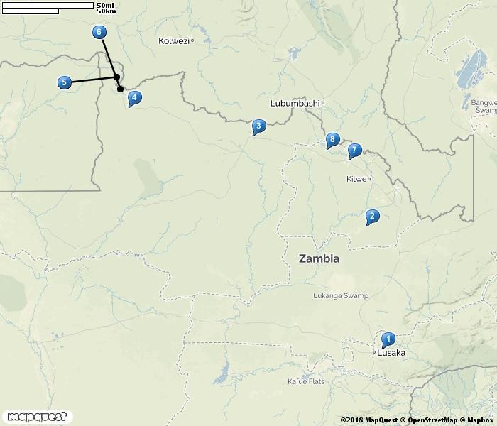 Resan i korthet Dag Orter/resplan 1 Resan start på Lusakas internationella flygplats. Transport till Kafue River. Natt i Mpongwe. 2 Kafue River. Natt i Mpongwe. 3 Transportdag med skådning längs vägen upp mot NV Zambia.