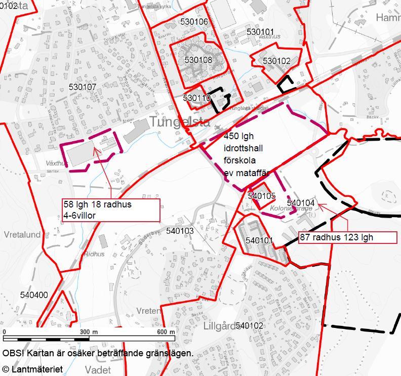 PM Trafikanalys, Tungelsta 2017-12-15 5 (10) 2.5 Indata för prognosen I figur 4 nedan redovisas planerad tillkommande bebyggelse per delområde i Tungelsta. Totalt innebär det 740 nya bostäder.