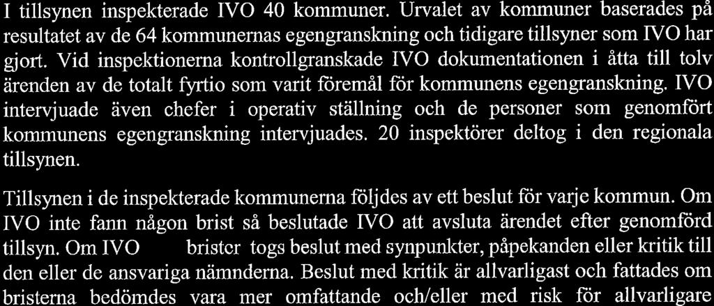 Vid inspektionerna kontrollgranskade IVO dokumentationen i åfita till tolv ärenden av de totalt fyrtio som varit foremål flor kommunens egengranskning.