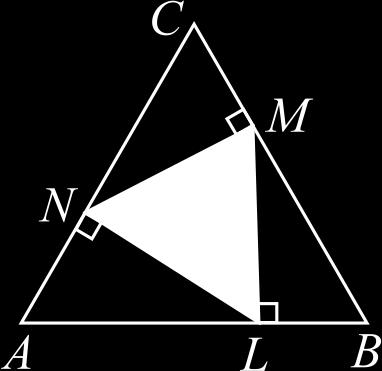 Cadet 22 Punkterna N, M ch L ligger på sidrna av en liksidig triangel så att NM är vinkelrät mt BC (NM^BC), ML är vinkelrät mt AB (ML^AB) ch LN vinkelrät mt AC (LN^AC). Arean av triangeln ABC är 36.