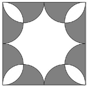 Liknande prblem är C2013:17, C2010:20, C2016:18. Junir 11 Åtta kngruenta halvcirklar är ritade i en kvadrat med sidlängd 4. Vilken area har den icke-skuggade delen av kvadraten?