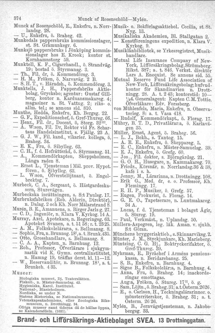 374 Munck af Rosenschöld-i-Mylen. Munck af Rosenschöld, K, Enkefru, n. Norr-.Musik- o. Bokförlagsaktiebol. Cecilia, st. St. landsg. 28. Nyg. 13. - U., Enkefru, ö. Braheg. 42.