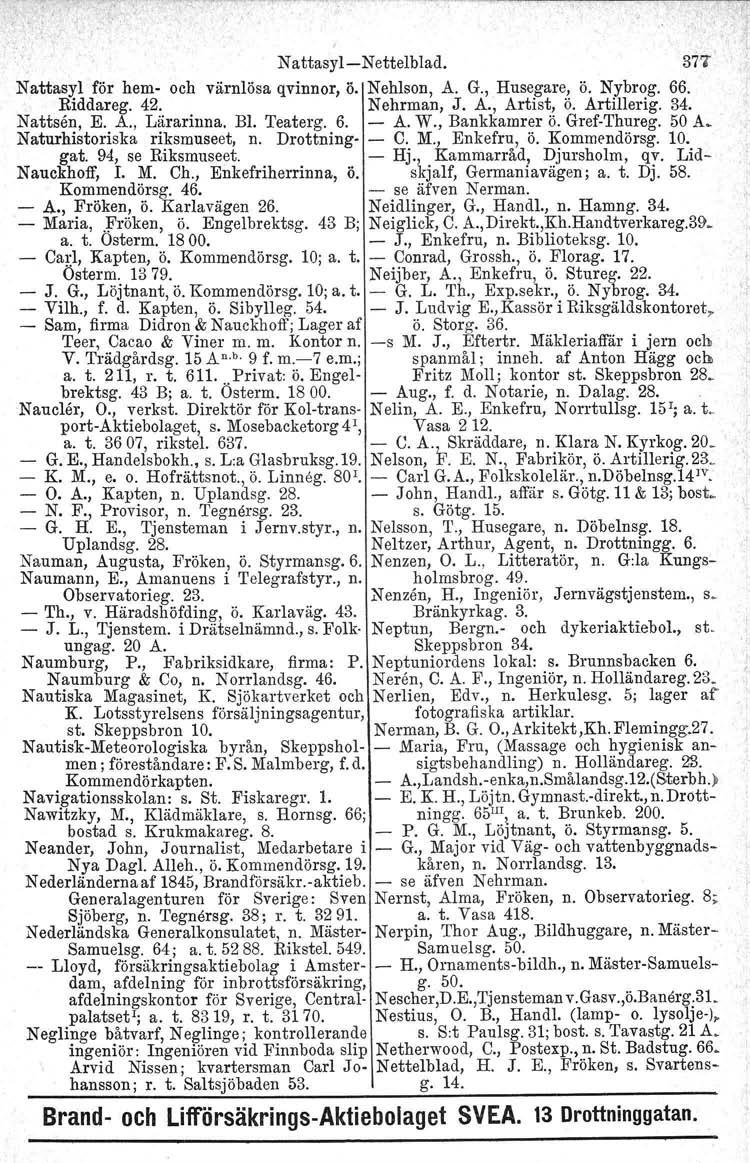 Nattasyl-Nettelblad. 377 Nattasyl för hem- och värnlösa qvinnor, ö. Nehlson, A. G., Husegare, ö. Nybrog. 66. Riddareg. 42. Nehrman, J. A., Artist, ö. Artillerig. 34. Nattsen, E. A., Lärarinna. Bl.