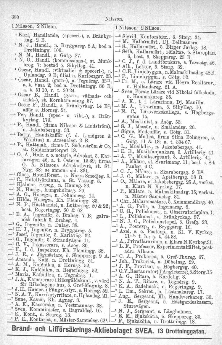 380 Nilsson. 1 Nilsson; 2 Nilson. --------1 1 Nilsson; 2 Nilson. -' Karl, Handlande, (speeeri-j, s. Bränkyr- _2 Sigrid, Kontorsbitr., Ö. Storg. 34. kag. 2 B. _1 M., Källårmäst., Dj. Bellmansro. _1 N.