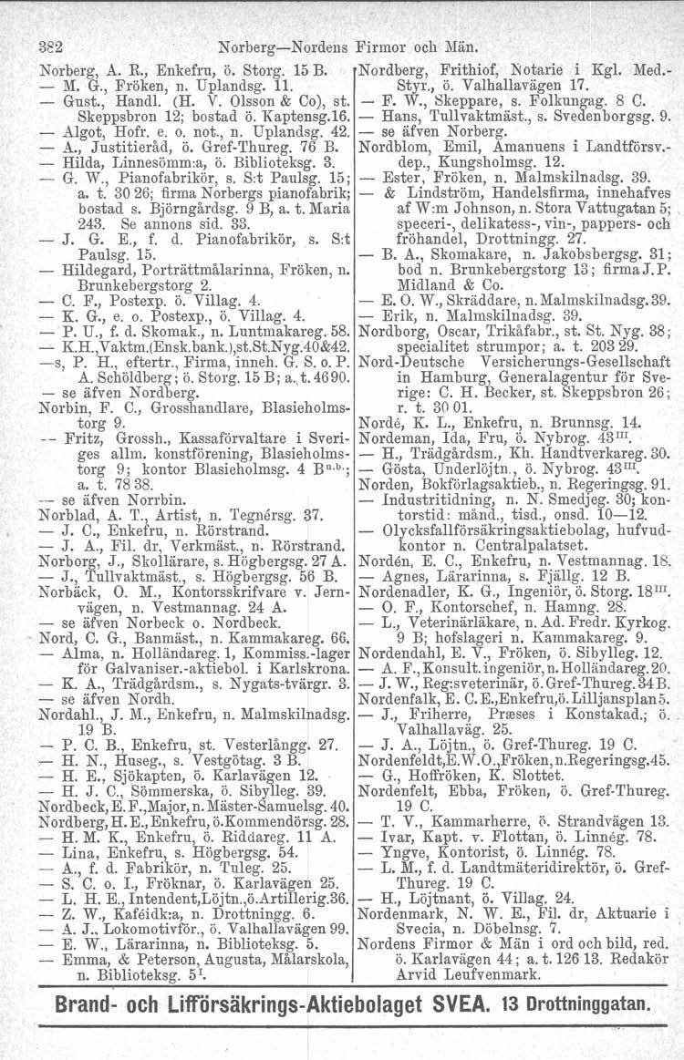 382 Norberg-Nordens Firmor och Män. Norberg, A. R., Enkefru, ö. Storg. 15 B. Nordberg, Frithiof, Notarie i Kg!. Med.- - M. G., Fröken, n. Uplandsg. 11. Styr., ö. Valhallavägen 17. Gust., Handl, (H. V. Olsson & Co), st.