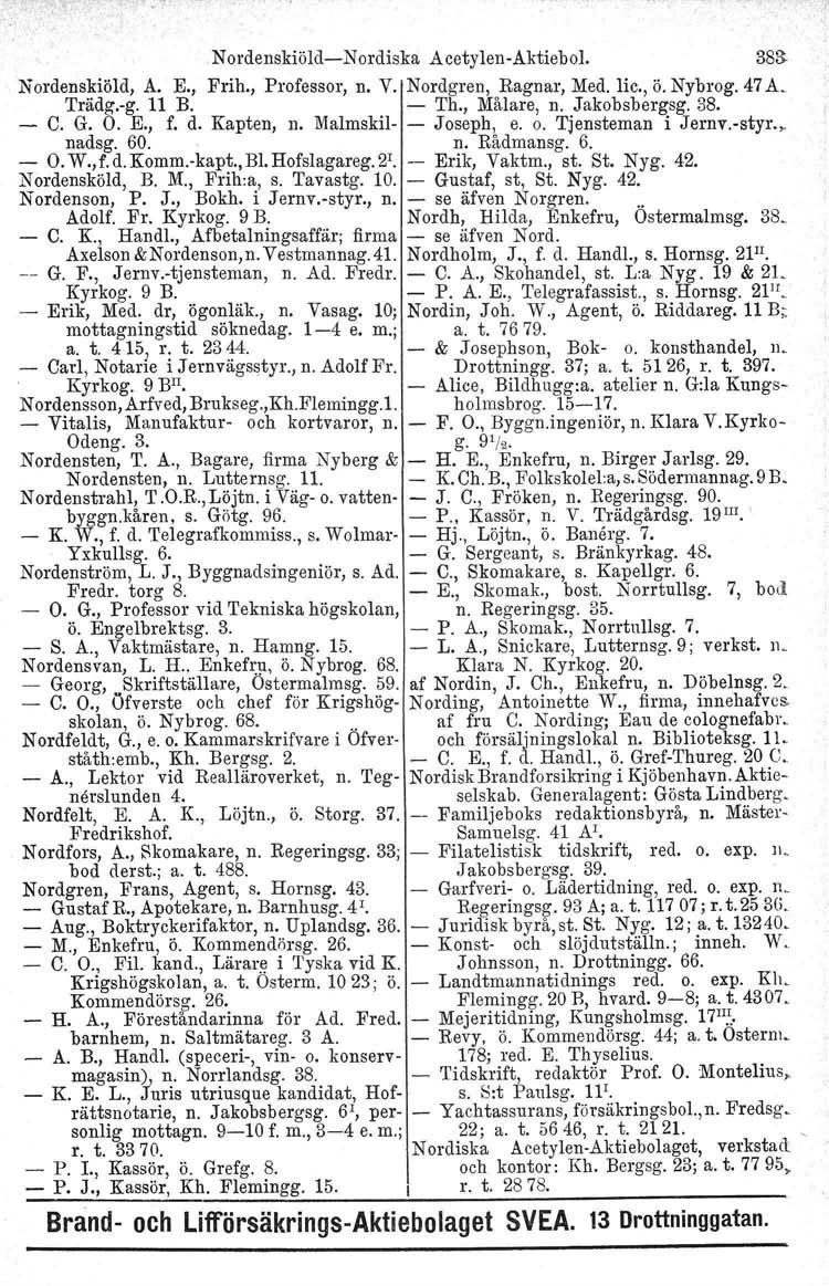 Nordenskiöld-Nordiska Acetylen-Aktiebol. 383- Nordenskiöld, A. E., Frih., Professor, n. V. Nordgren, Ragnar, Med. Iic., ö. Nybrog. 47 A. Trädg.-g. 11 B. - Th., Målare, n. Jakobsbergsg. 38. - C. G. O.