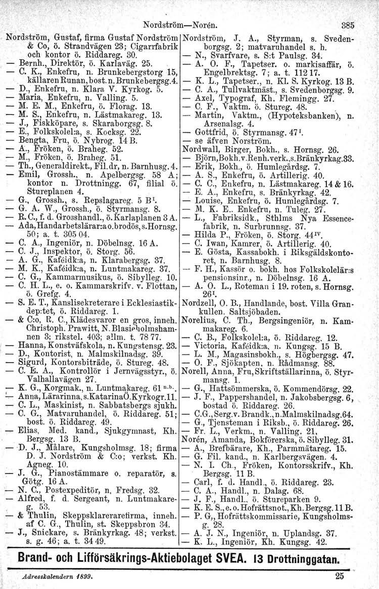 Nordström-Noren. 385, Nordström, Gustaf, firma Gustaf Nordström Nordström, J. A., Styrman, s. Sveden- & Co, ö. Strandvägen 23; Cigarrfabrik borgsg. 2; matvaruhandel s. h. och kontor ö. Riddareg. 30.