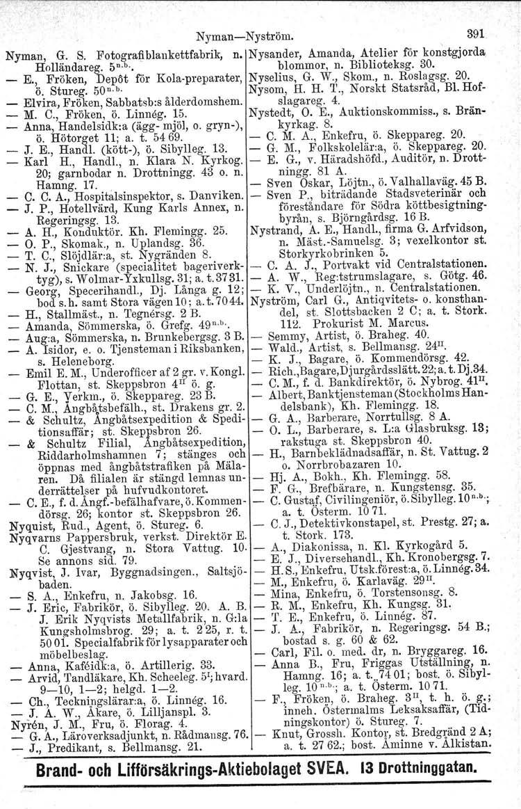 Nyman-Nyström. 391 Nyman, G. S. Fotogra:(iblankettfabrik, n. Nysander, Amanda, Atelier för konstgjorda Holländareg. 5 n. b. blommor, n. Biblioteksg. 30. _ E.