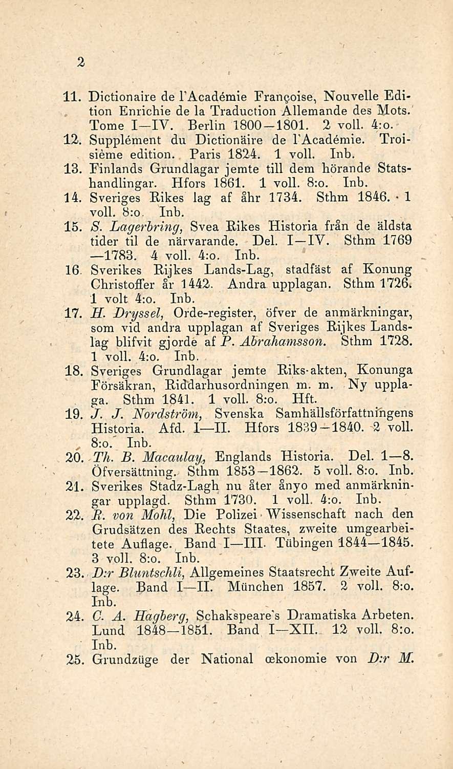 2 11. Dictionaire de I Academie Frangoise, Nouvelle Edition Enrichie de la Traduction Allemande des Mots. Tome I IV. Berlin 1800 1801. 2 voll. 4:o. 12. Supplement du Dictionaire de I'Academie.