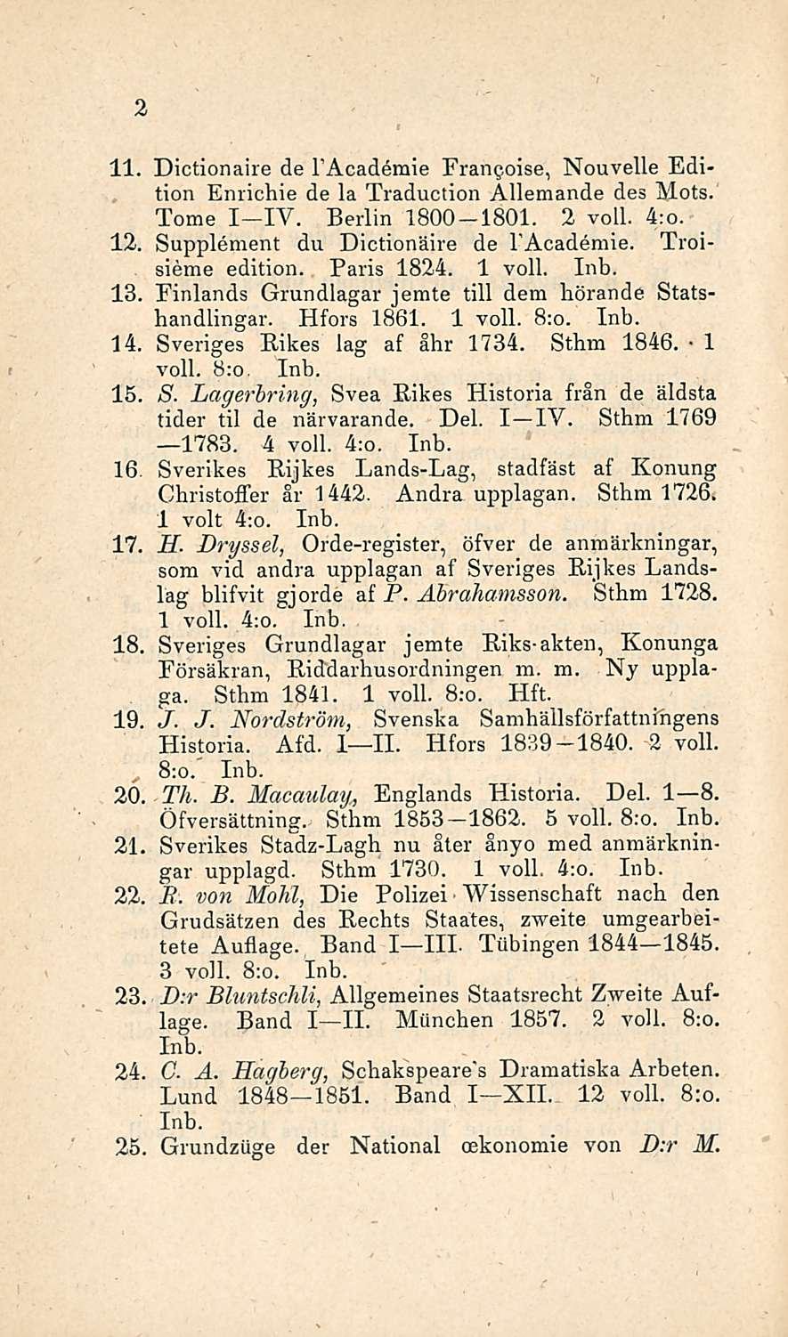 2 11. Dictionaire de I Academie Frangoise, Nouvelle Edition Enrichie de la Traduction Allemande des Mots. Tome I IV. Berlin 1800 1801. 2 voll. 4:o. 12. Supplement du Dictionaire de I'Academie.