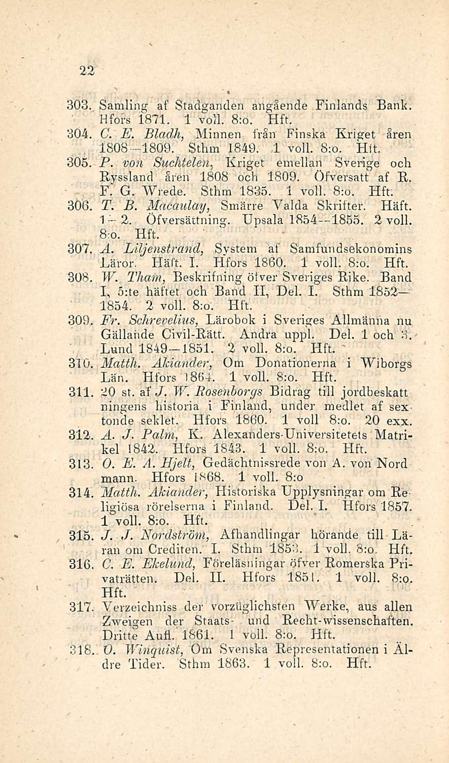 ' 22 303. Samling af Stadganden anglende Finlands Bank. Hfors 1871. 1 voli. 8:o. 304. C. E. Bladh, Minnen Iran Finska Kriget åren 1808 lbo9. Sthm 1849. 1 voll. S:o. Hit. 305. P.