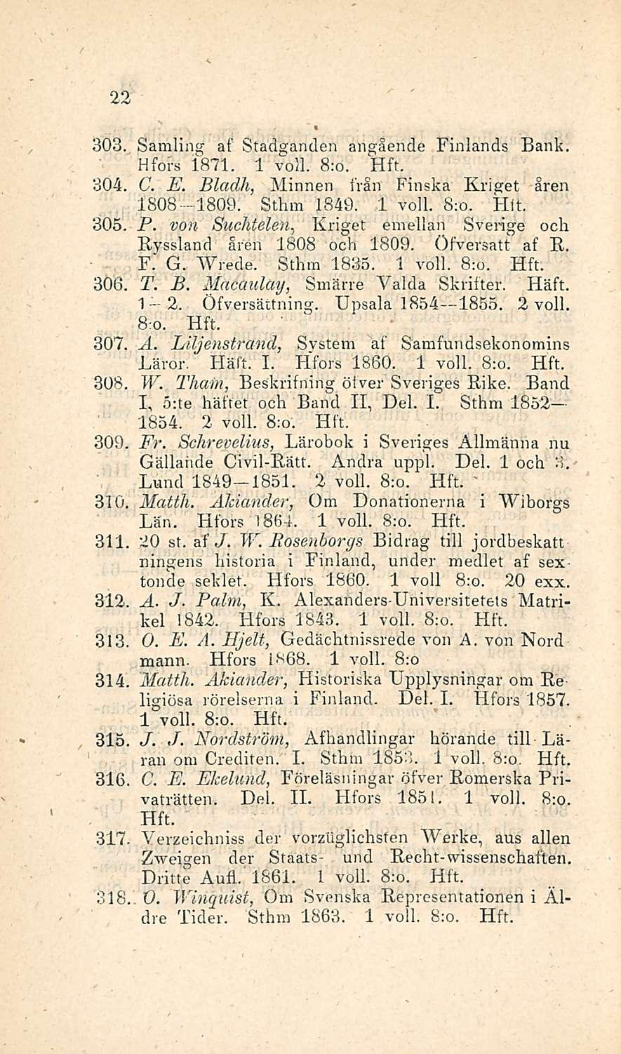 ' 22 303. Samling af Stadganden anglende Finlands Bank. Hfors 1871. 1 voli. 8:o. 304. C. E. Bladh, Minnen Iran Finska Kriget åren 1808 lbo9. Sthm 1849. 1 voll. S:o. Hit. 305. P.