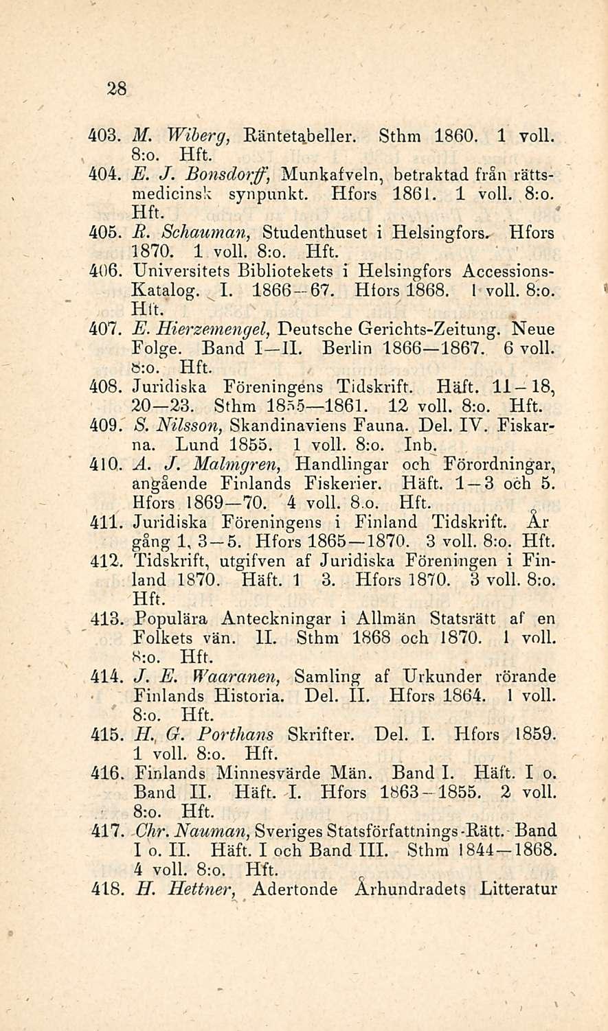 28 403. M. Wiberg, Bäntetabeller. Sthm 1860. 1 voll. 8:o. 404. E. J. Bonsdorff, Munkafveln, betraktad från rättsmedicinsk synpunkt. Hfors 1861. 1 voll. 8;o. 405, R.