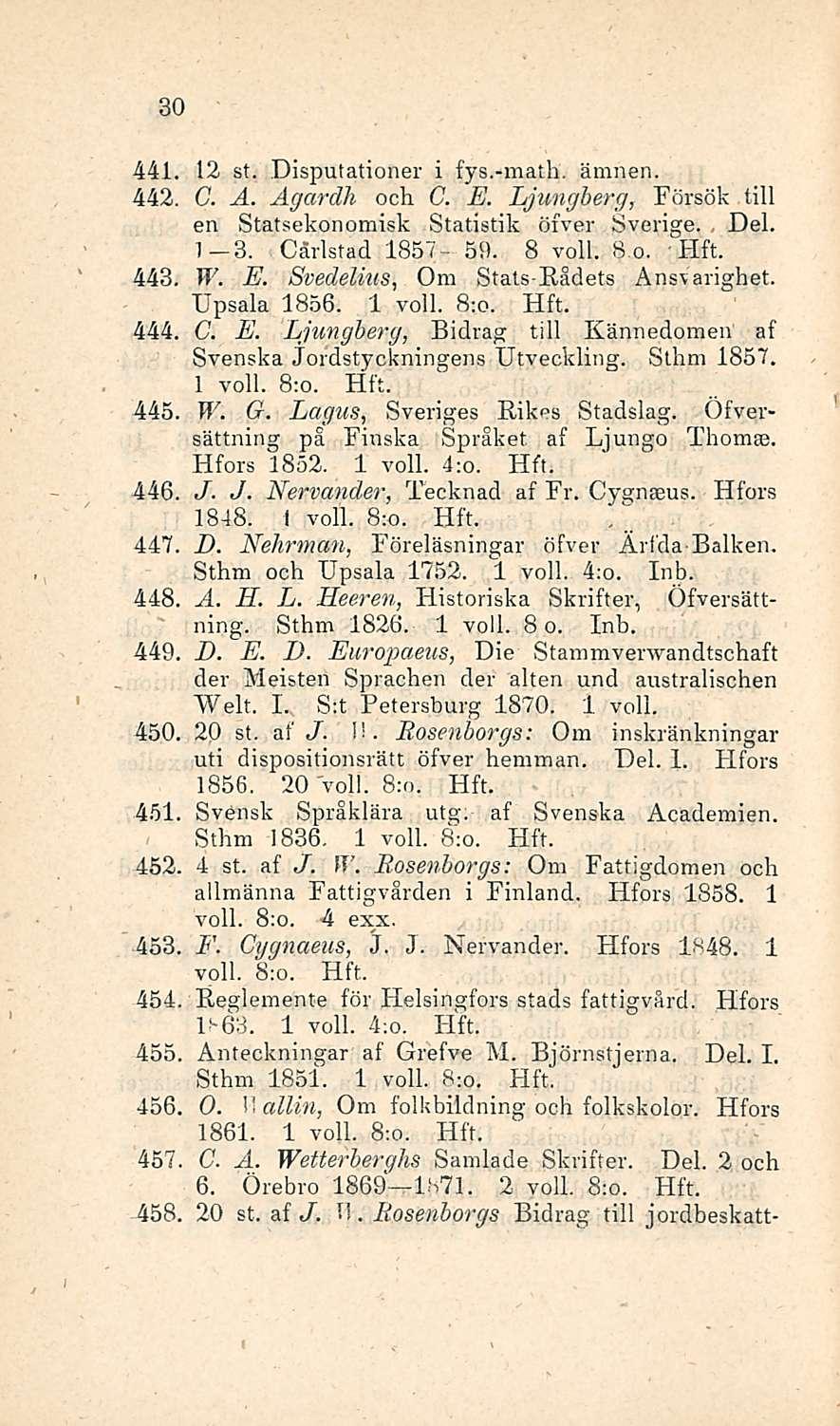 30 441 12 st. Disputationer i fys.-math. ämnen. 442. G. A. Ågardh och C. E. Ljungherg, Försök tili en Statsekonomisk Statistiisi öfver Sverige. Del. I 3. Cävlstad 1857-59. 8 voll. 80. 443, W. E. Svedelius, Om Stats-Rådets Ansvarighet.