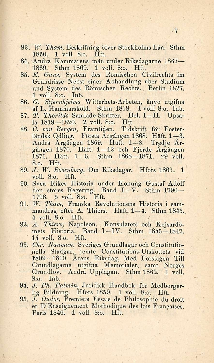 83 W. Tham, Beskrifning öfver Stockholms Län. Sthm 1850. 1 voll 8:o. 84 Andra Kammarens män under Riksdagarne 1867 1869. Sthm 1869. 1 voli. 8:o. 85, E.