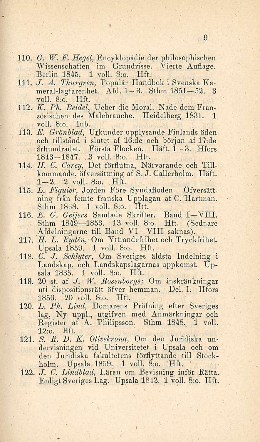 no G. W. F. Hegel, Encyklopädie der philosojihischen Wissenschaften im Grundrisse. Vierte Auflage. Berlin 1845. 1 voll. 8:o. m J. A. Thurgren, Populär Handbok i Svenska Kameral-lagfarenhet. Afcl. 1 3.