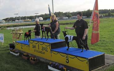 Fredagen den 27/7. Jeppes Whippet Cup. Fr. v. tvåa Grimar, Kerstin Eriksson, SDA-GHK, 20.79, etta Moon Quake Shake, K Nilsson, ÖHK-NoHS, 20.61, trea Xavi, Peggy Lundqvist, SHS, 21.18.