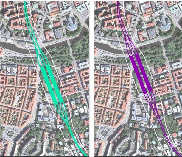 Läge i plan för station Haga För station Haga har två alternativa placeringar i plan studerats, ett i järnvägsutredningens läge och ett där stationen är förskjuten norrut (73 meter), se figur 2.5:4.