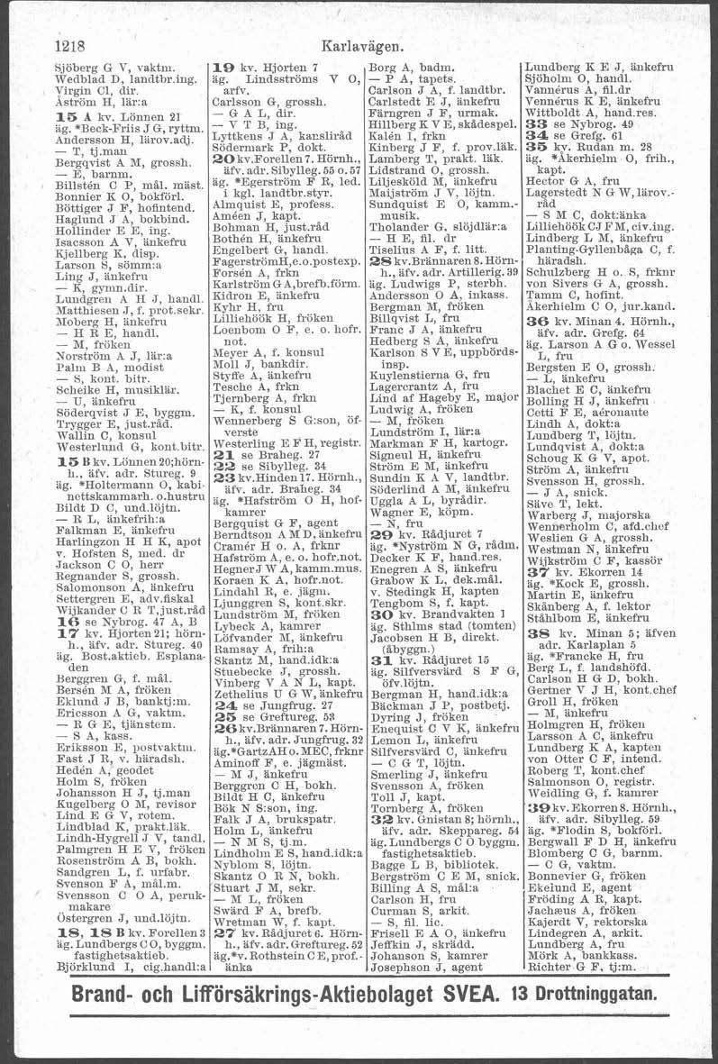 B, Karlitvagen. Sjöberg G V, vaktm. 19 kv. Hjorten 7 Borg A, badm. Lundberg K E J ankefru Wedblad D, 1andtbr.ing. ag. Lindsströms V 0, - P A, tapets. fijöholm 0, haiiil. Carlson J A f. landtbr.